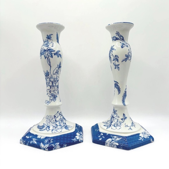 Vintage Spode Penny Lane Honeywall Blue & White Porcelain Candlesticks - Pair - Picture 8 of 15